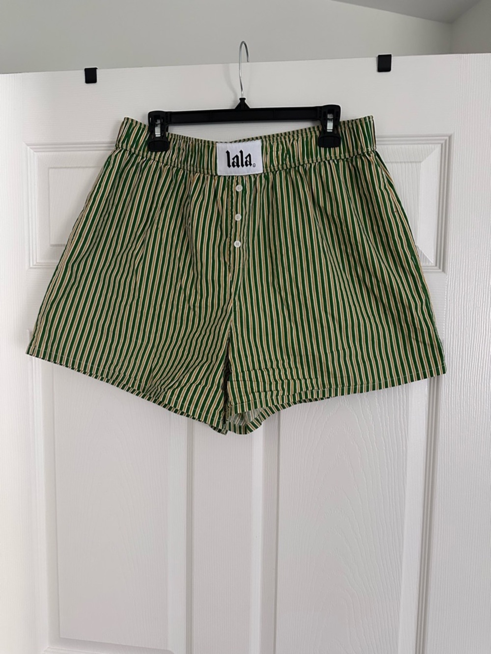Dressed in LALA Green and Cream Striped High-Waist Shorts - Picture 2 of 6